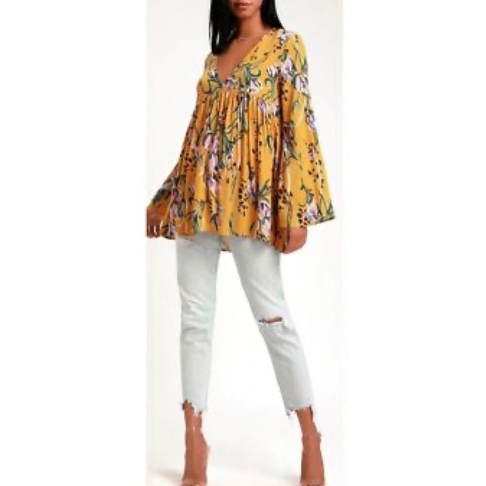 Free People Bella Golden Yellow Floral Print Tunic Size Small Flowy Boho Chic